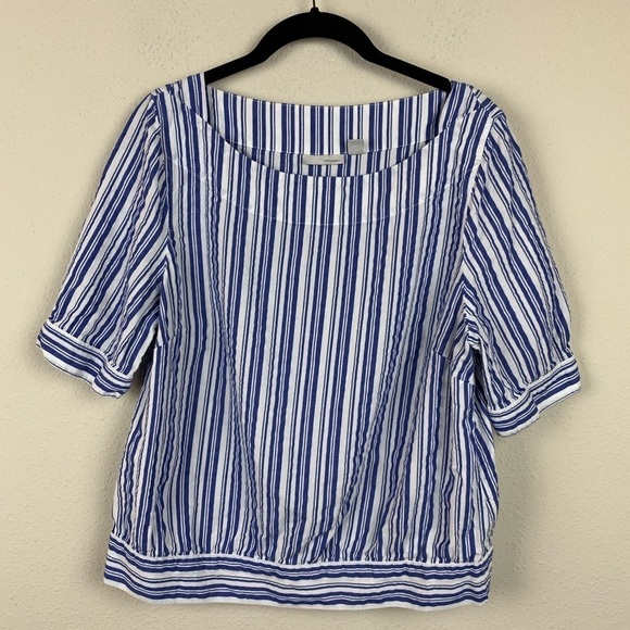 Halogen Blue White Short Sleeve Cropped Boxy Shirt - Picture 1 of 8